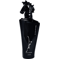 Black Lattafa Maahir Black Edition perfume bottle with horse head cap, sleek design, and silver text.
