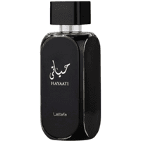 Lattafa Men's Hayaati Eau De Parfum, 100 ml, sleek black bottle with silver accents and bold Arabic script.