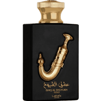 Black rectangular perfume bottle with gold cap and ornate gold emblem, labeled "Ishq Al Shuyukh Gold" by Lattafa.
