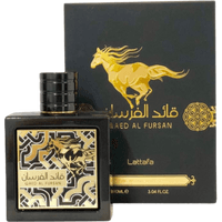 Lattafa Qaed Al Fursan EDP, 90ml black square bottle with gold horse design and matching box.