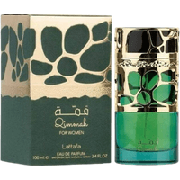 Lattafa Qimmah Eau De Parfum, 100 ml, green bottle with gold floral cap, matching green and gold box.