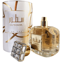 Lattafa Sutoor Eau De Parfum for Women, 100 ml, gold cap, square bottle with ornate design, white cylindrical box.