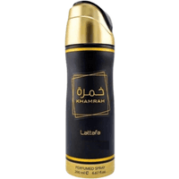 Lattafa Khamrah body spray, 200 ml, black and gold can with Arabic script and gold cap.