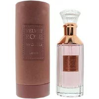 Lattafa Velvet Rose Eau De Parfum 100ml with pink liquid, clear glass bottle, and rose gold cap, brown cylindrical box.