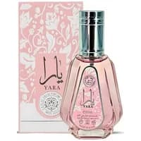 Lattafa Yara Eau De Parfum 50ml, pink faceted bottle with silver cap, floral design box in pink and white.