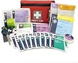 Red Lewis-Plast first aid kit with white cross, includes bandages, scissors, wipes, and various medical supplies.