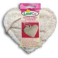 Heart-shaped natural loofah with a cotton loop, packaged with pink and green LoofCo branding.