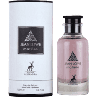 Maison Alhambra Jean Lowe Matiere Eau De Parfum, pink liquid in clear bottle with black cap, next to branded box