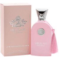 Pink Maison Alhambra Delilah Eau De Parfum bottle with silver cap and tassel, next to matching pink box.