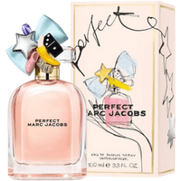 Marc Jacobs Perfect Eau de Parfum 100 ml bottle with colorful cap and matching box featuring whimsical design.