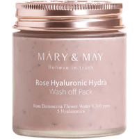 Pink jar of Mary & May Rose Hyaluronic Hydra Wash Off Pack with rose gold lid and floral water details.
