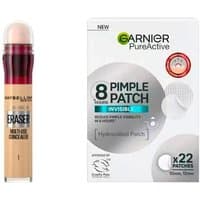 Maybelline concealer with sponge tip applicator and Garnier pimple patch box with circular patch design.