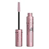 Pink Maybelline mascara tube with black wand, Lash Sensational Sky High, volumizing and lengthening, black color.