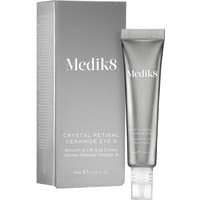 Medik8 Crystal Retinal Ceramide Eye 3, silver tube with white cap, next to matching silver box, 15ml size.