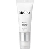 White tube of Medik8 Eyelift Peptides Firming Gel, 15ml, with black text and clear cap.