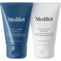 Medik8 H.E.O Mask set with blue Step 1 and white Step 2 tubes, 50ml each, labeled for overnight moisturization.