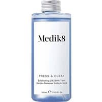 Medik8 Press & Clear Refill 150ml, clear bottle with blue liquid, silver cap, exfoliating BHA toner text on label.