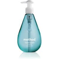 Teardrop-shaped blue Method Gel Handsoap bottle with white pump, labeled "Waterfall" 354ml.