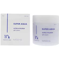 MISSHA Super Aqua Ultra Hyalron Gel-Cream 70ml in a white jar with blue text, next to matching white box.