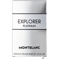 Montblanc Explorer Platinum Eau de Parfum 100ml, silver textured box with bold black lettering and logo.