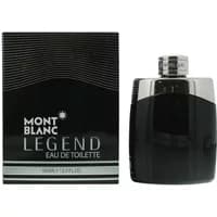 Black Montblanc Legend Eau De Toilette bottle with silver cap, next to black box with white text and silver stripes.