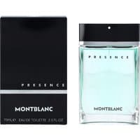 Montblanc Presence For Men Eau de Toilette, 75ml, clear glass bottle with black cap, next to black box packaging.