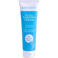 White tube of MooGoo Natural Tanning Cream with blue label and flip-top cap, 120g.