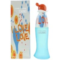 Moschino I Love Love Eau De Toilette 100ml, blue bottle with orange cap, colorful box with playful design.