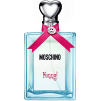 Clear blue Moschino Funny Eau de Toilette bottle with heart-shaped silver cap and pink ribbon.
