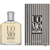 Moschino Uomo Eau de Toilette 125ml, clear bottle with silver cap, striped black and white box.