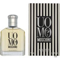Moschino Uomo Eau de Toilette Spray 75ml, clear bottle with silver cap, black text, striped black and white box.