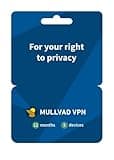 Mullvad VPN card, blue background, yellow logo, text "For your right to privacy," "12 months," "5 devices."