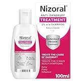 Nizoral Anti-Dandruff Shampoo, white bottle with pink label, 100ml, includes ketoconazole, treats itchy and flaky scalps.
