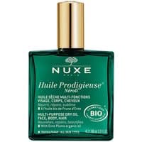 Green square bottle of NUXE Huile Prodigieuse Néroli dry oil with black cap and white text detailing.