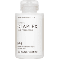 Clear bottle of Olaplex Hair Perfector No. 3 with black text, 100ml size, white cap, for repairing and strengthening hair.