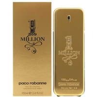 Gold Paco Rabanne 1 Million Eau De Toilette bottle and box, featuring elegant black text and ornate design.