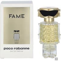 Paco Rabanne Fame Eau de Parfum 30ml, robot-shaped bottle with gold cap and black sunglasses, next to branded box.