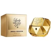 Gold diamond-shaped Paco Rabanne Lady Million perfume bottle with matching box, 50ml size.