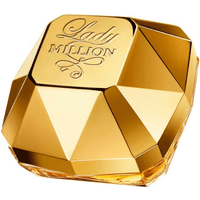 Gold, diamond-shaped Paco Rabanne Lady Million Eau de Parfum Spray bottle with engraved logo on top, 30ml size.