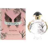 Paco Rabanne Olympea Blossom Eau De Parfum 50ml, round bottle with floral design, pink box with black floral accents.