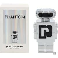 Silver robot-shaped Paco Rabanne Phantom Eau de Toilette bottle next to holographic box.