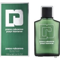 Green Paco Rabanne Pour Homme Eau de Toilette Spray bottle with matching box, featuring bold white logo.