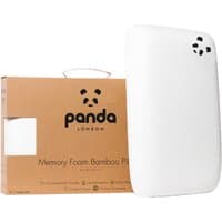 White Panda memory foam bamboo pillow with panda logo, next to brown box packaging with handle.