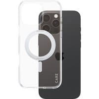 Transparent iPhone 16 Pro Max case with silver kickstand, MagSafe ring, and CARE branding by PanzerGlass.