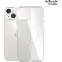Transparent PanzerGlass HardCase for iPhone 14/13 with white MagSafe ring, clear back, and antibacterial protection.
