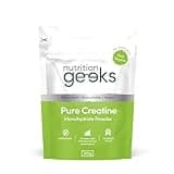 White and green Nutrition Geeks creatine powder pouch, 315g, labeled unflavoured, vegan, micronised, 90 servings.