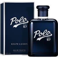 Dark blue Ralph Lauren Polo 67 Eau De Toilette bottle with matching box, white logo and text, 125ML size.