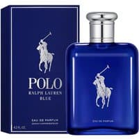 Blue Ralph Lauren Polo Blue Eau De Toilette bottle with silver cap and logo, next to matching box.