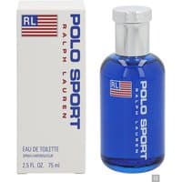 Blue Ralph Lauren Polo Sport Eau de Toilette bottle with silver cap, next to white box with blue and red text.
