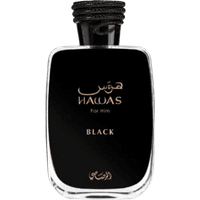 Rasasi Hawas Black Eau de Parfum, 100ml, sleek black bottle with gold text and rope-wrapped cap.